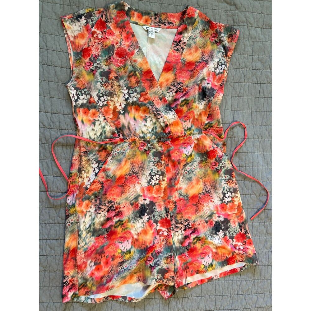 Athleta Women's Marlow Romper Size Medium Multi-Color Abstract Floral Pockets
